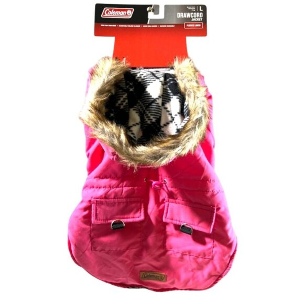 Coleman Drawcord Dog Jacket Large Pink Fleece Lined Faux Fur Hood Winter Coat‎